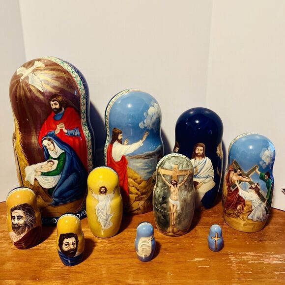Matryoshka Nesting Dolls Life of Jesus Christ Nativity 10 Pcs Russian Signed VTG - Picture 1 of 14